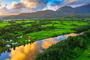 Aerial view by drone of Hanalei River, Kauai Island, Hawaii, United States of America, North America