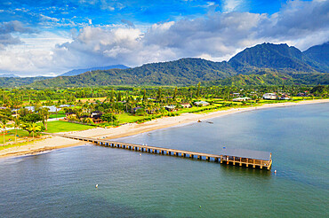 Aerial view by drone of Hanalei Bay pier, Kauai Island, Hawaii, United States of America, North America