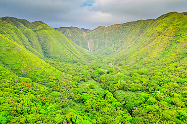 Aerial view by drone of Halawa valley, Molokai Island, Hawaii, United States of America, North America