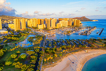 Aerial view by drone of Diamond Head, Waikiki, Honolulu, Oahu Island, Hawaii, United States of America, North America