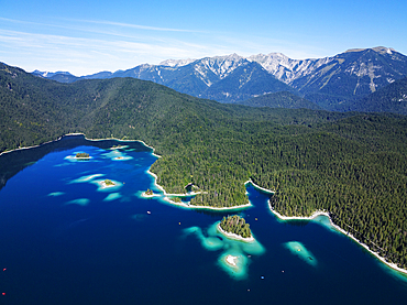 Aerial drone view of Eibsee lake, Garmisch Partenkirchen, Bavaria, Germany, Europe