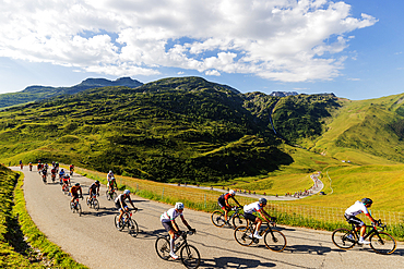 Cyclists on the Grand Fondo La Marmotte, Col du Glandon, Savoie, Auvergne Rhone-Alpes, France, Europe