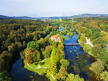 Aerial drone view of Otocec Castle, 13th to 17th century construction, Slovenia, Europe