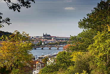 Prague Castle and Mala Strana suburb from Vysehrad Castle with Vltava River and bridges, UNESCO World Heritage Site, Prague, Czech Republic, Europe