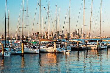 View of City of Melbourne from Williamstown port through sail boats, Williamstown, Victoria, Australia