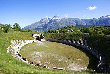 Full view of Alba Fucens ancient Roman Amphiteather, Abruzzo, Italy, Europe