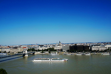 View of sightseeing boat on the River Danube and Budapest, Hungary, Europe