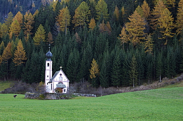 St. Johann church, Santa Maddalena, Val di Funes, Dolomites, Bolzano province, Trentino-Alto Adige, Italy, Europe