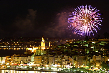 Fireworks at night, Menton, Alpes Maritimes, Provence, Cote d'Azur, French Riviera, France, Mediterranean, Europe