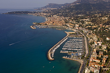 View from helicopter of Menton, Alpes-Maritimes, Provence, Cote d'Azur, French Riviera, France, Mediterranean, Europe