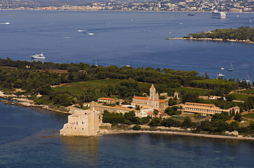 View from helicopter of Lerins Abbey, Ile Saint-Honorat, Iles de Lerins, Provence, Cote d'Azur, French Riviera, France, Mediterranean, Europe