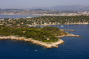 View from helicopter of Cap d'Antibes, Alpes-Maritimes, Provence, Cote d'Azur, French Riviera, France, Mediterranean, Europe