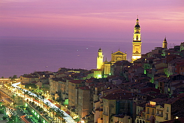 Skyline at dusk, Menton, Alpes Maritimes, Provence, Cote d'Azur, French Riviera, France, Mediterranean, Europe