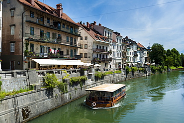 Buildings along the Ljubljanica River in the center of Ljubljana, Slovenia, Europe