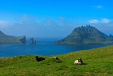 View of Tindholmur Island from Vagar Island, Faroe Islands, Denmark, Europe