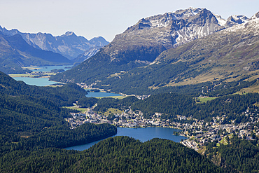 View of St. Moritz and the Engadin lakes from top of Muottas Muragl, Canton of Grisons, Switzerland.