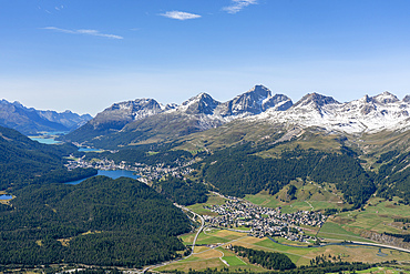 View of St. Moritz, Celerina and the Engadin lakes from top of Muottas Muragl, Canton of Grisons, Switzerland.