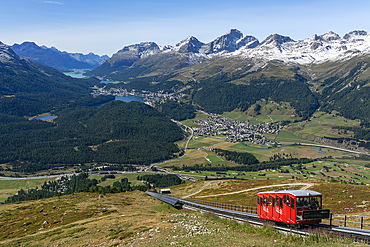 View of St. Moritz, Celerina and the Engadin lakes from top of Muottas Muragl, Canton of Grisons, Switzerland.