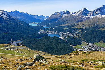 View of St. Moritz, Celerina and the Engadin lakes from top of Muottas Muragl, Canton of Grisons, Switzerland.