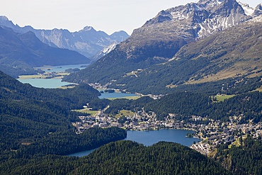 View of St. Moritz and the Engadin lakes from top of Muottas Muragl, Canton of Grisons, Switzerland.