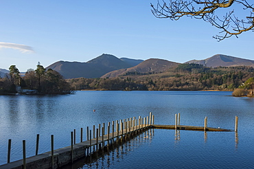 Causey Pike and Grisedale Pike from the boat landing, Derwentwater, Keswick, Lake District National Park, Cumbria, England, United Kingdom, Europe