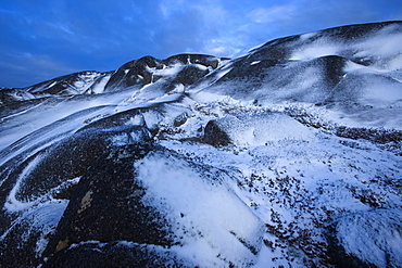 Rocks with fresh snow, Churchill, Hudson Bay, Manitoba, Canada, North America