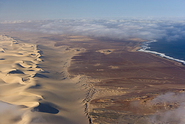 Aerial of Atlantic Ocean coastline, Skeleton Coast Park, Namibia, Africa