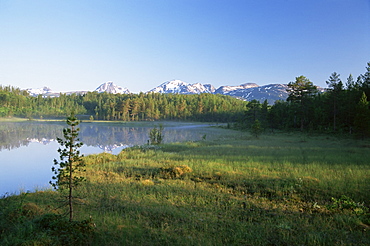 Lake and Blatinden in the early morning, Troms, Norway, Scandinavia, Europe