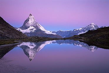 Matterhorn from Riffelsee at dawn, Zermatt, Swiss Alps, Switzerland, Europe