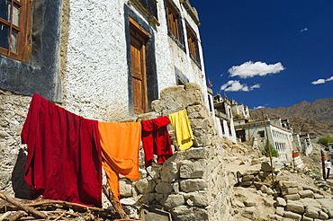 Monk's clothes on line, Tikse (Tiksay) gompa (monastery), Tikse (Tiksay), Ladakh, Indian Himalayas, India, Asia