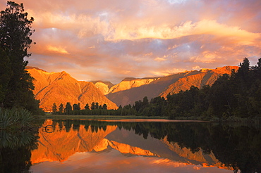 Sunset, Lake Matheson and Southern Alps, Westland, South Island, New Zealand, Pacific