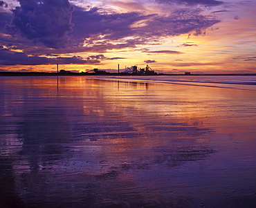 Redcar Beach at sunset with steelworks in the background, Redcar, Cleveland, England, United Kingdom, Europe