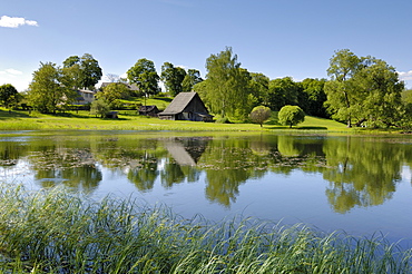 Ponds and traditional buildings, Turaida Museum Reserve, near Sigulda, Latvia, Baltic States, Europe