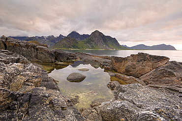 Dusk over Flakstad, Flakstadoya, Lofoten Islands, Norway, Scandinavia, Europe