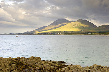 Croagh Patrick mountain and Clew Bay, from Old Head, County Mayo, Connacht, Republic of Ireland, Europe