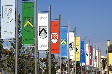 Pennants in Eyre Square representing the tribes (families) of Galway, County Galway, Connacht, Republic of Ireland, Europe