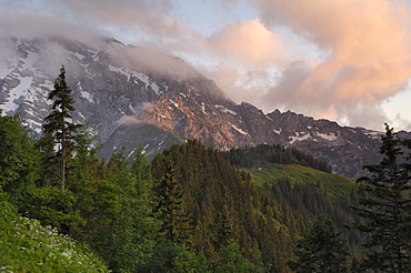 Hoher Goll mountain range seen from the Rossfeld Panoramastrasse (Rossfeldhoehenringstrasse or Panoramic Highway), Berchtesgaden, Bavaria, Germany, Europe