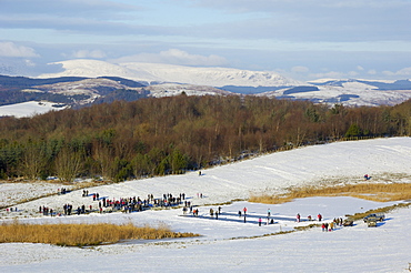 Curling on frozen Bush Loch, Gatehouse of Fleet, Dumfries and Galloway, Scotland, United Kingdom, Europe