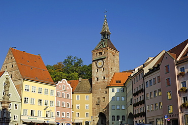 Schmalzturm (Lard Tower) and town houses in Hauptplatz, Landsberg am Lech, Bavaria (Bayern), Germany, Europe