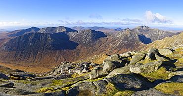 Panoramic view of the Northern Mountains from the top of Goatfell, Isle of Arran, North Ayrshire, Scotland, United Kingdom, Europe