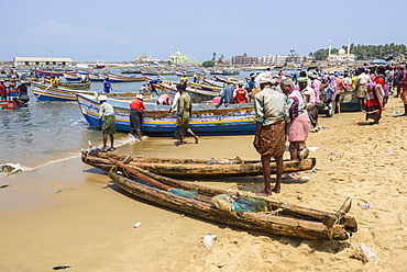 Fishing boats at Vizhinjam beach fish market, near Kovalam, Kerala, India, South Asia