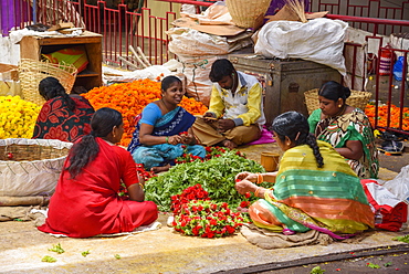 Women working at flower stall at K. R. Market in Banaglore, Karnataka, India, Asia