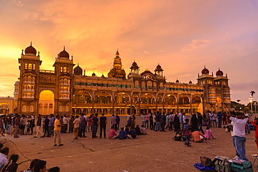 Mysore Palace at sunset, Mysuru, Karnataka, India, South Asia