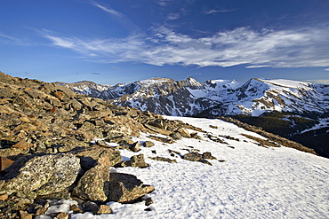 Snow-covered mountains in the spring from Trail Ridge Road, Rocky Mountain National Park, Colorado, United States of America, North America