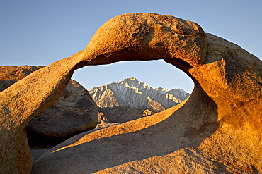 Mobius Arch and Eastern Sierras at dawn, Alabama Hills, Inyo National Forest, California, United States of America, North America