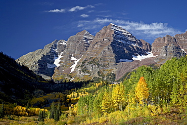 Maroon Bells with fall color, White River National Forest, Colorado, United States of America, North America