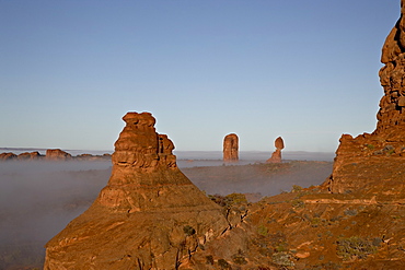 Balanced Rock with fog, Arches National Park, Utah, United States of America, North America