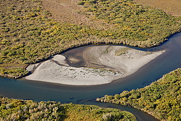 Sandbar in a river among tundra in the fall, Katmai Peninsula, Alaska, United States of America, North America