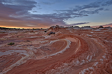 Swirl in white and salmon sandstone at dawn, White Pocket, Vermilion Cliffs National Monument, Arizona, United States of America, North America