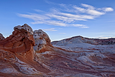 Clouds over white and salmon sandstone, White Pocket, Vermilion Cliffs National Monument, Arizona, United States of America, North America